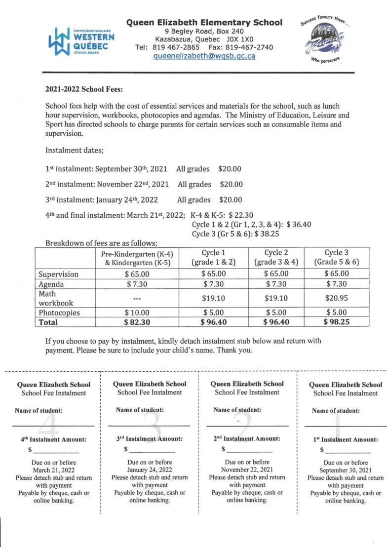 School Fees Queen Elizabeth Elementary School